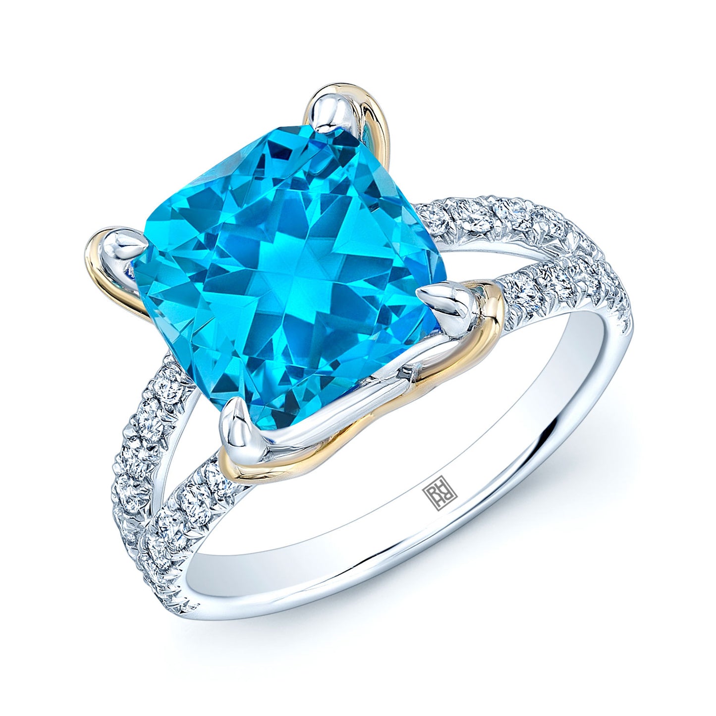 Swiss Blue Topaz And Diamond Cushion Ring In 14k Gold