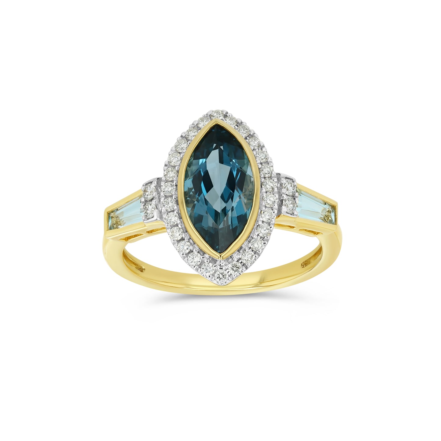 Marquise Baguette Blue Topaz and Diamond Ring in 14K Yellow Gold 1/4ctw