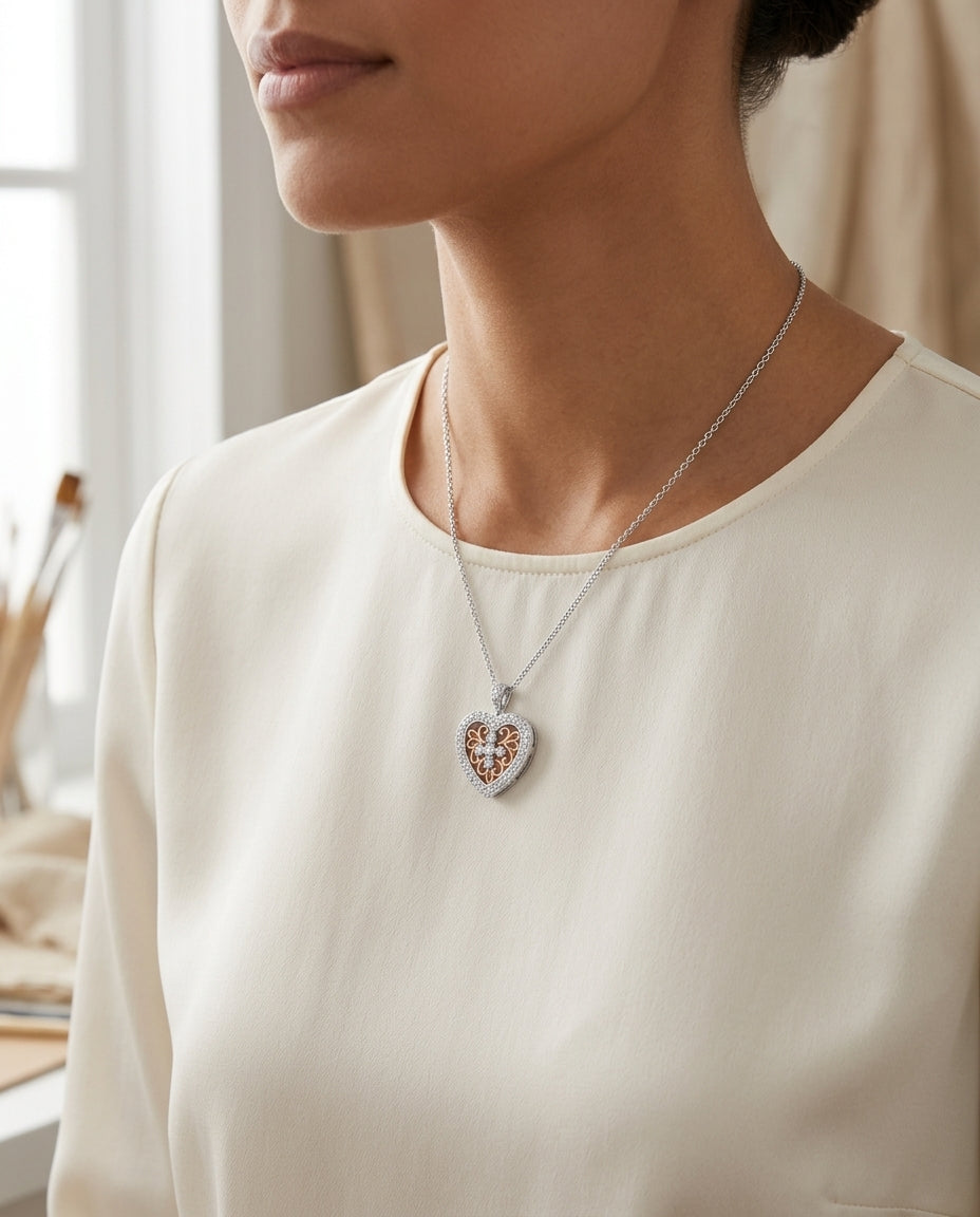 Diamond Heart Filigree Pendant In 14k White Gold — editorial close-up