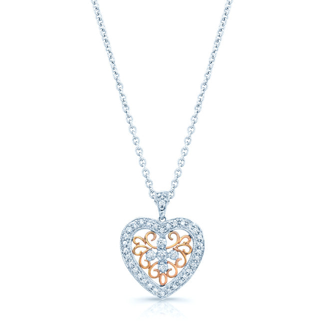 Diamond Heart Filigree Pendant In 14k White Gold