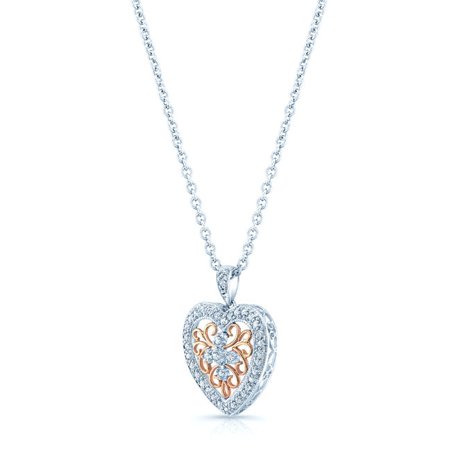 Diamond Heart Filigree Pendant In 14k White Gold