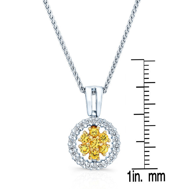 Yellow Sapphire And Diamond Halo Pendant In 14k Two Tone Gold (17-in Wheat Chain)