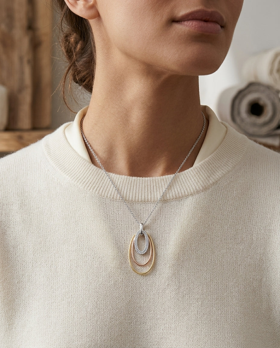 Diamond Triple Oval Pendant In 14k Two Tone Gold — editorial close-up