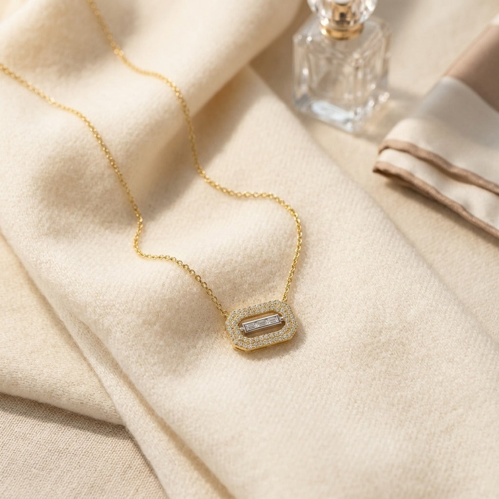 Baguette and Round Diamond East West Paper Clip Necklace in 14k Two Tone Gold 1/3ctw — textile flat lay