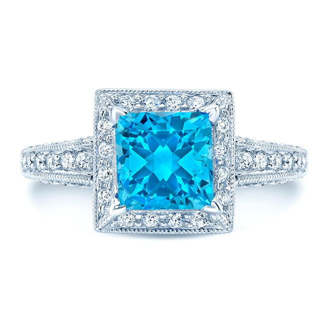 Swiss Blue Topaz And Diamond Square Halo Ring In 14k White Gold