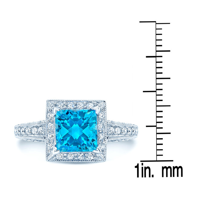 Swiss Blue Topaz And Diamond Square Halo Ring In 14k White Gold