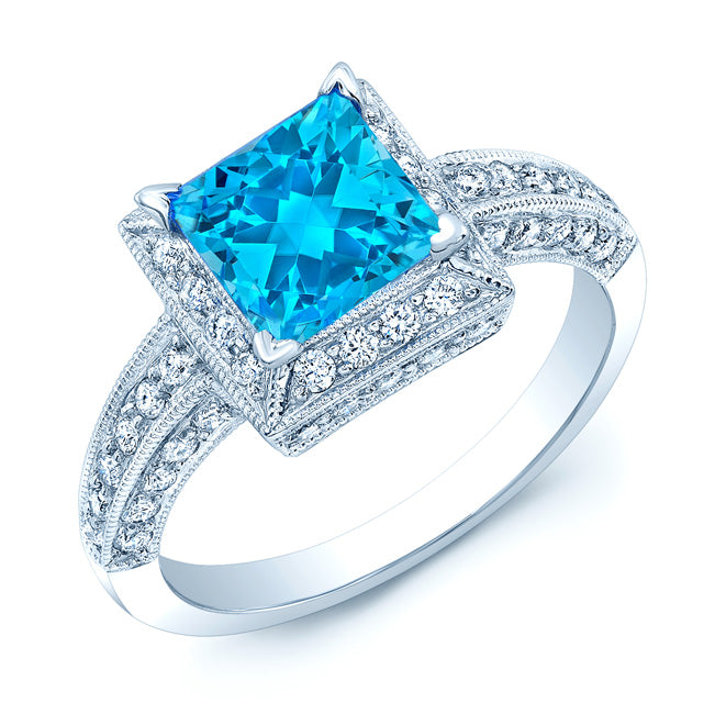 Swiss Blue Topaz And Diamond Square Halo Ring In 14k White Gold