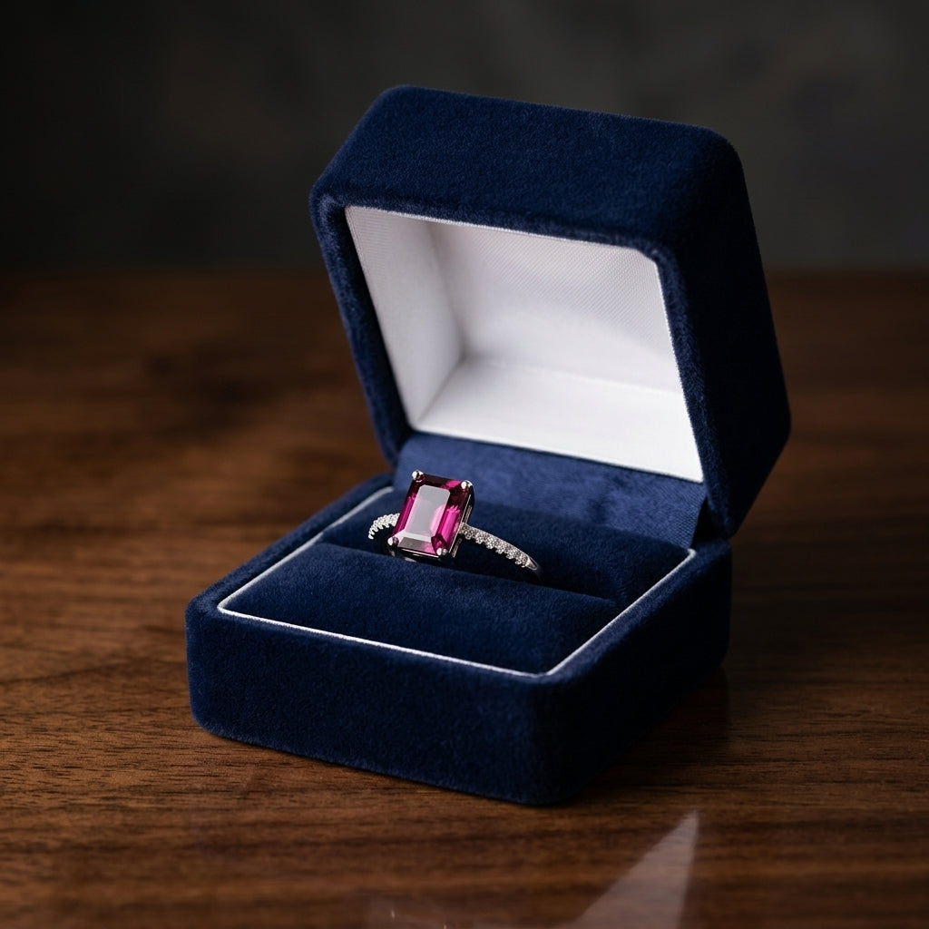 Ruby Emerald Cut And Diamond Ring 14k White Gold — gift presentation