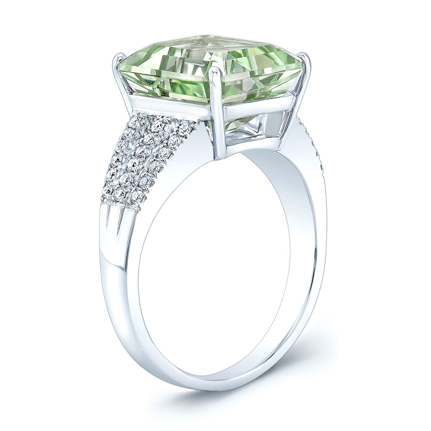 Green Quartz And Diamond Open Shank Ring In 14k White Gold