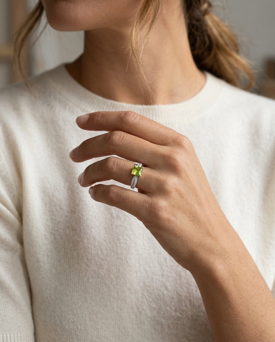 Peridot And Diamond Ring In 14k White Gold — editorial close-up
