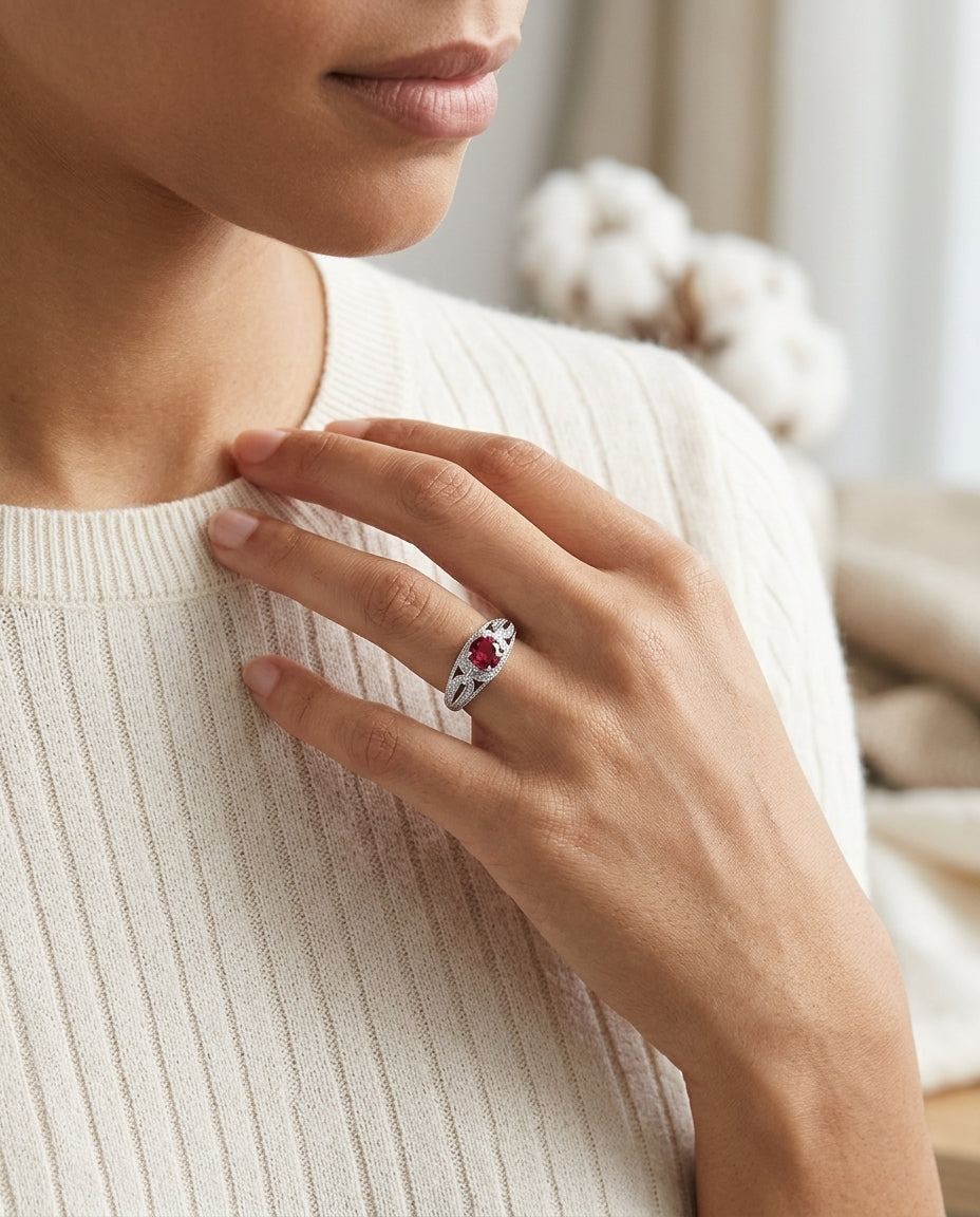 Pink Tourmaline And Diamond Ring In 14k White Gold (1/3ctw) — editorial close-up