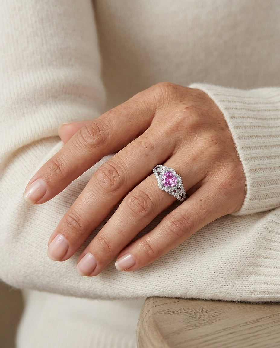 Heart Pink Sapphire And Diamond Split Shank Halo Ring In 14k White Gold (hi/si) (4mm) — editorial close-up