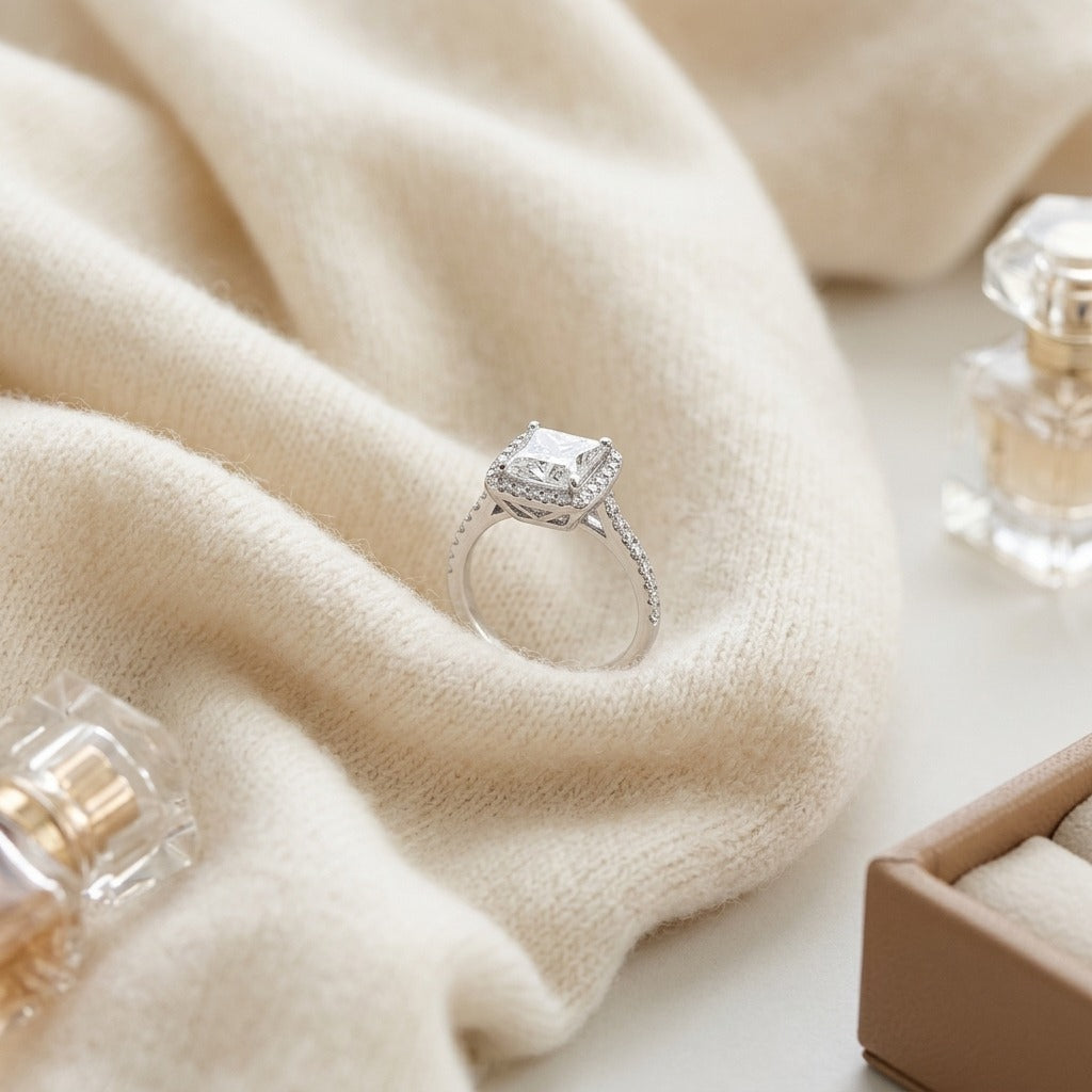 Diamond Princess Cut Halo Engagement Ring In 14k White Gold — textile flat lay