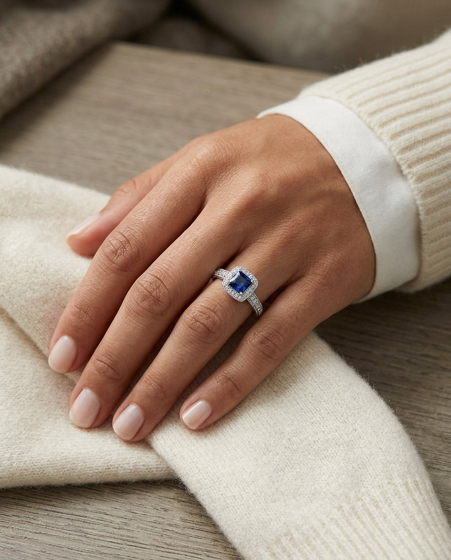Square Blue Sapphire And Diamond Vintage Halo Ring In 14k White Gold (hi-si) (4mm) — editorial close-up