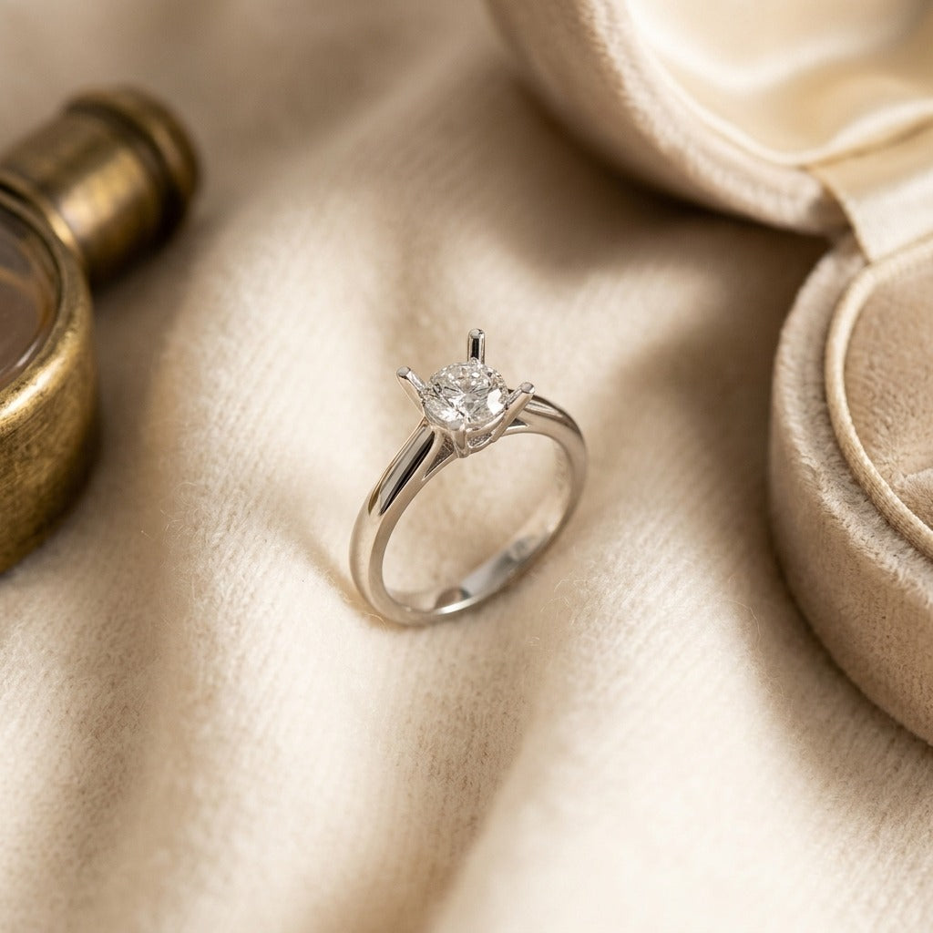 Diamond Semi Mount Engagement Ring in 14k White Gold (1ct Rd Head) — textile flat lay