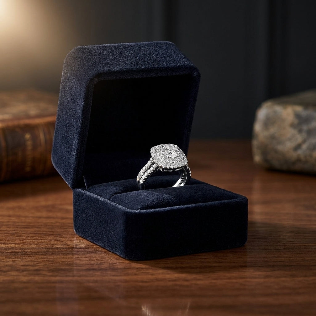 Diamond Cushion Shape Double Entourage Wed Set In 14k White Gold — gift presentation