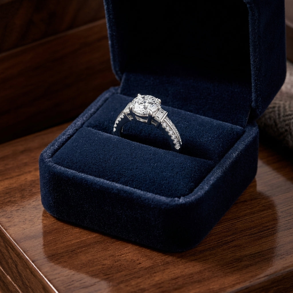 Diamond Round Center With Baguette Shoulders Ring In 14k White Gold — gift presentation