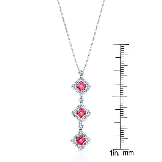 Pink Tourmaline And Diamond Triple Square Halo Drop Pendant In 14k White Gold (17-in Box Chain)