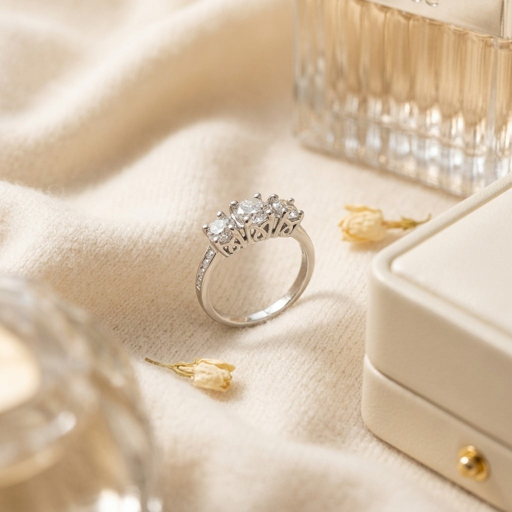 Diamond Three Stone Ring In 14k White Gold 1 Ctw — textile flat lay