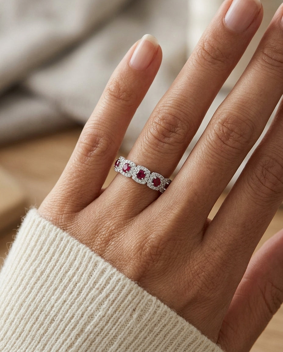Ruby And Diamond Multi-halo Band In 14k White Gold — editorial close-up