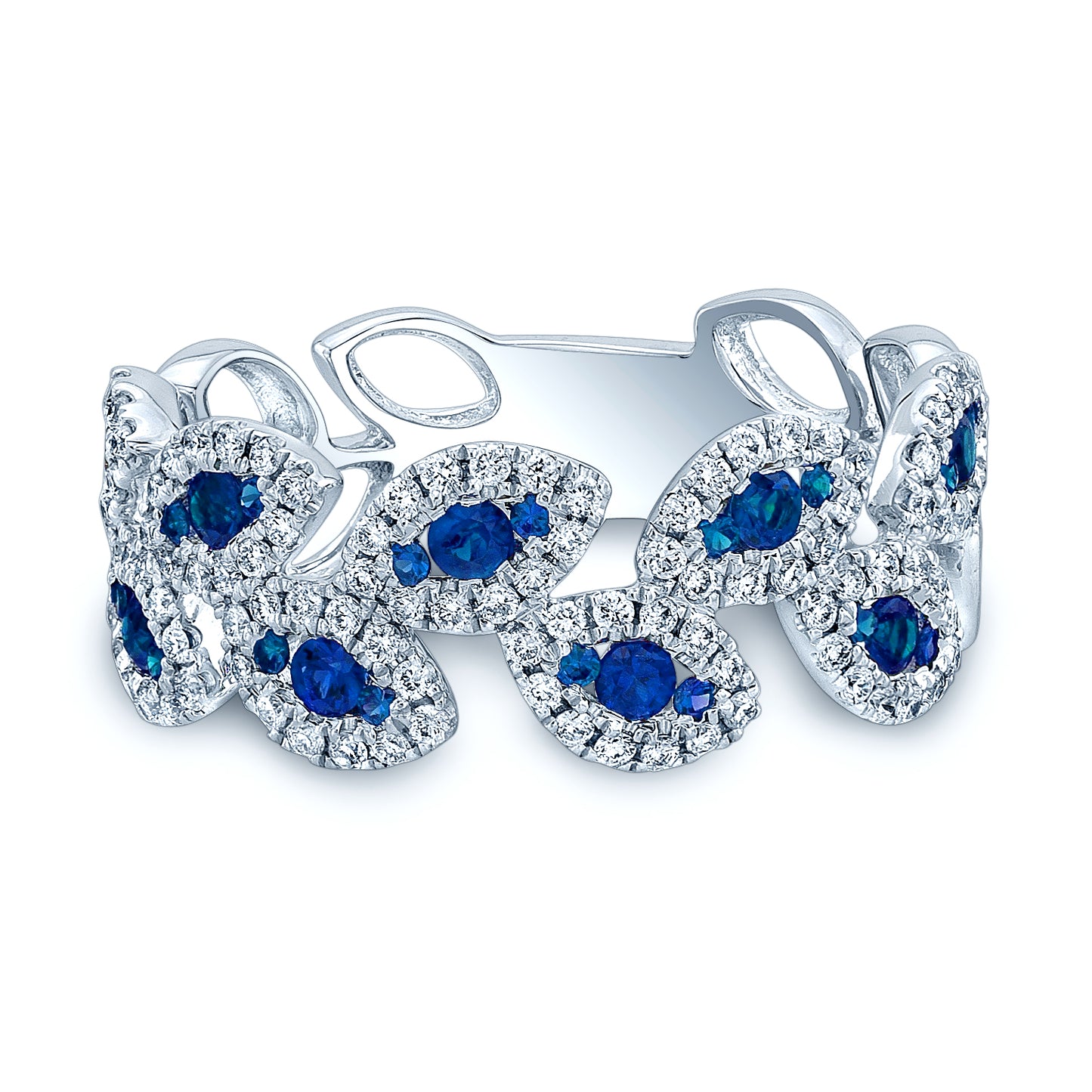 Sapphire And Diamond Pave Leaf Ring In 14k White Gold