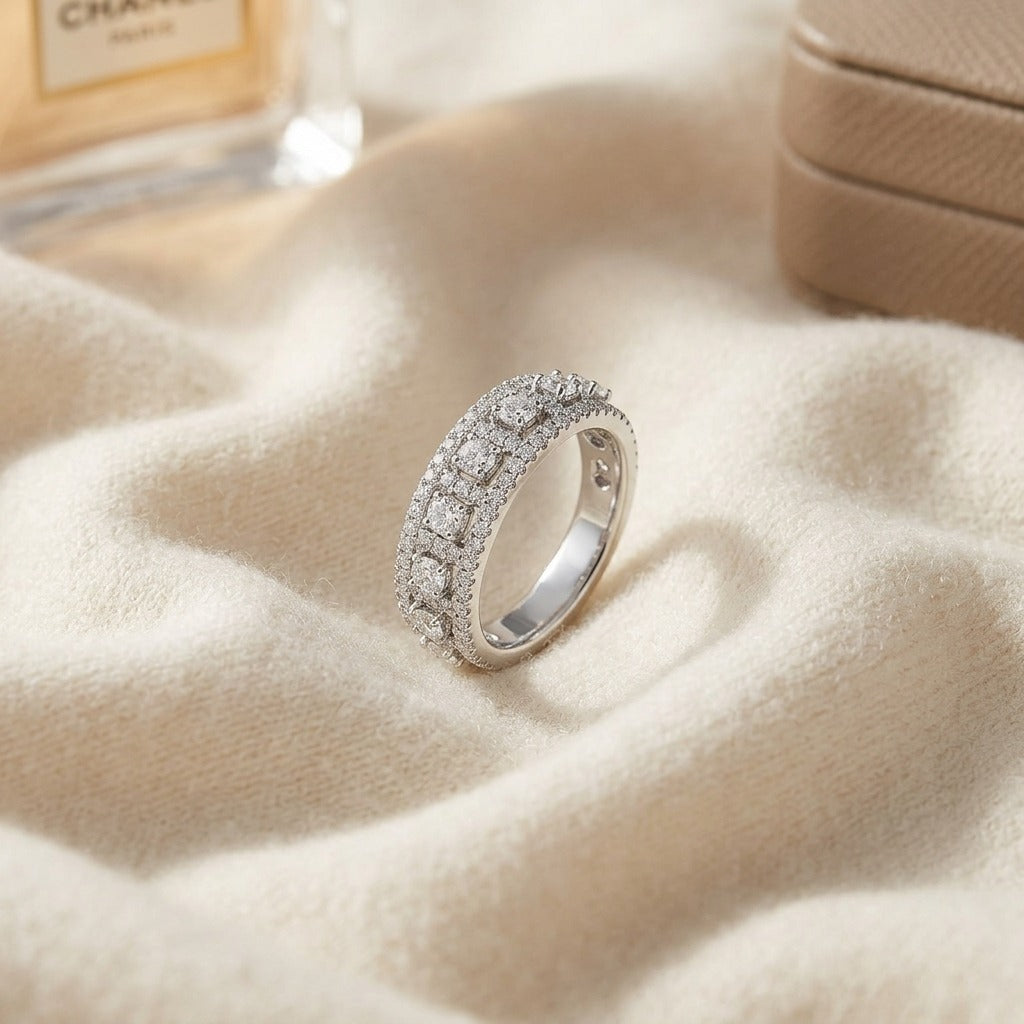 Diamond Ring In 14k White Gold — textile flat lay