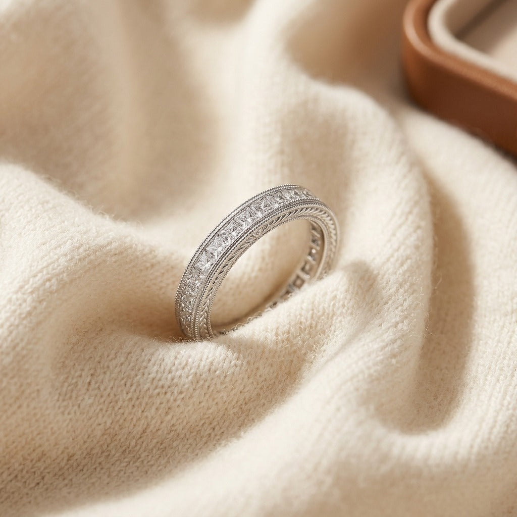 Diamond Princess Cut Milgrain Channel Band In 14k White Gold — textile flat lay