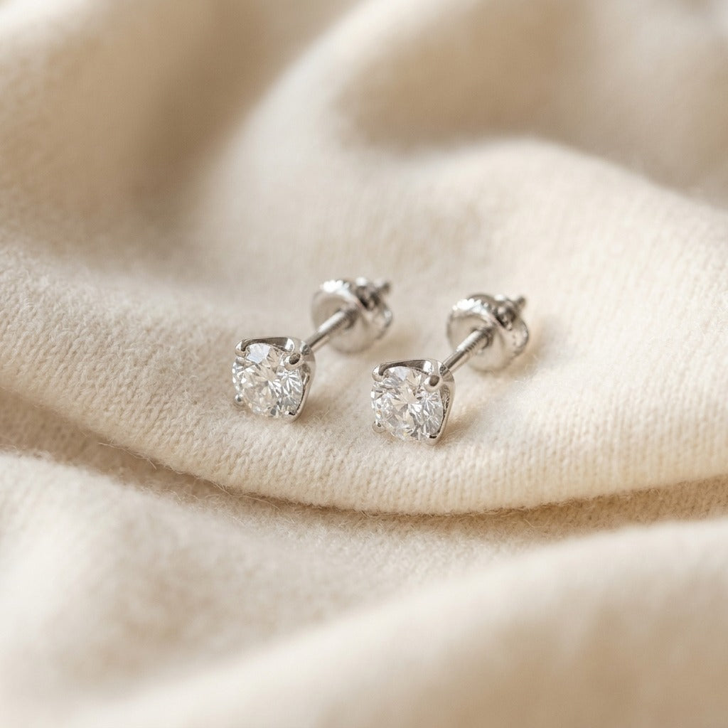 Diamond 4-Prong Round Studs 14k White Gold — textile flat lay