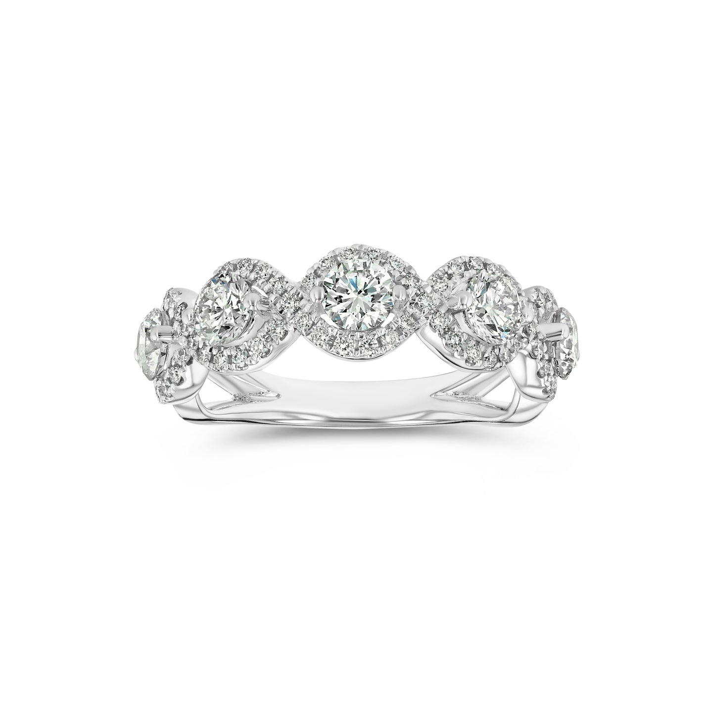Five Stone Halo Diamond Band Ring in 14k White Gold 1-3/8ctw