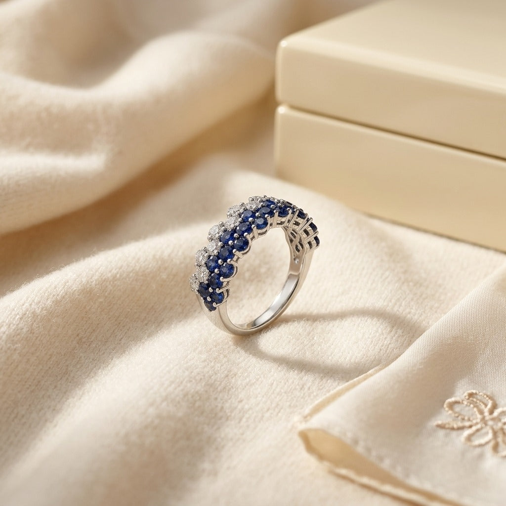 Sapphire And Diamond Layered Scallop Edge Band In 14k White Gold 3/8ctw — textile flat lay