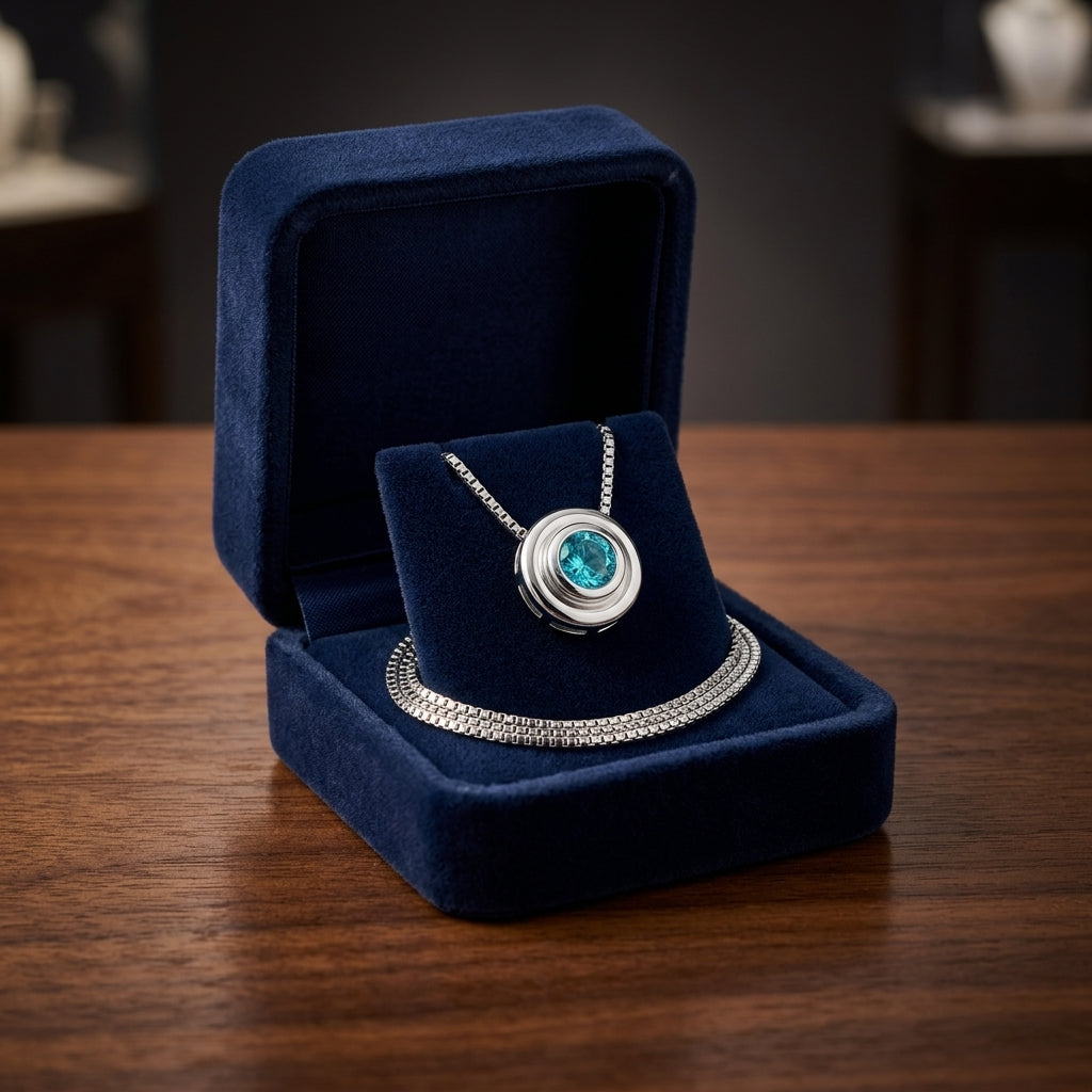 Blue Topaz Bezel Set In 14k White Gold Pendant — gift presentation