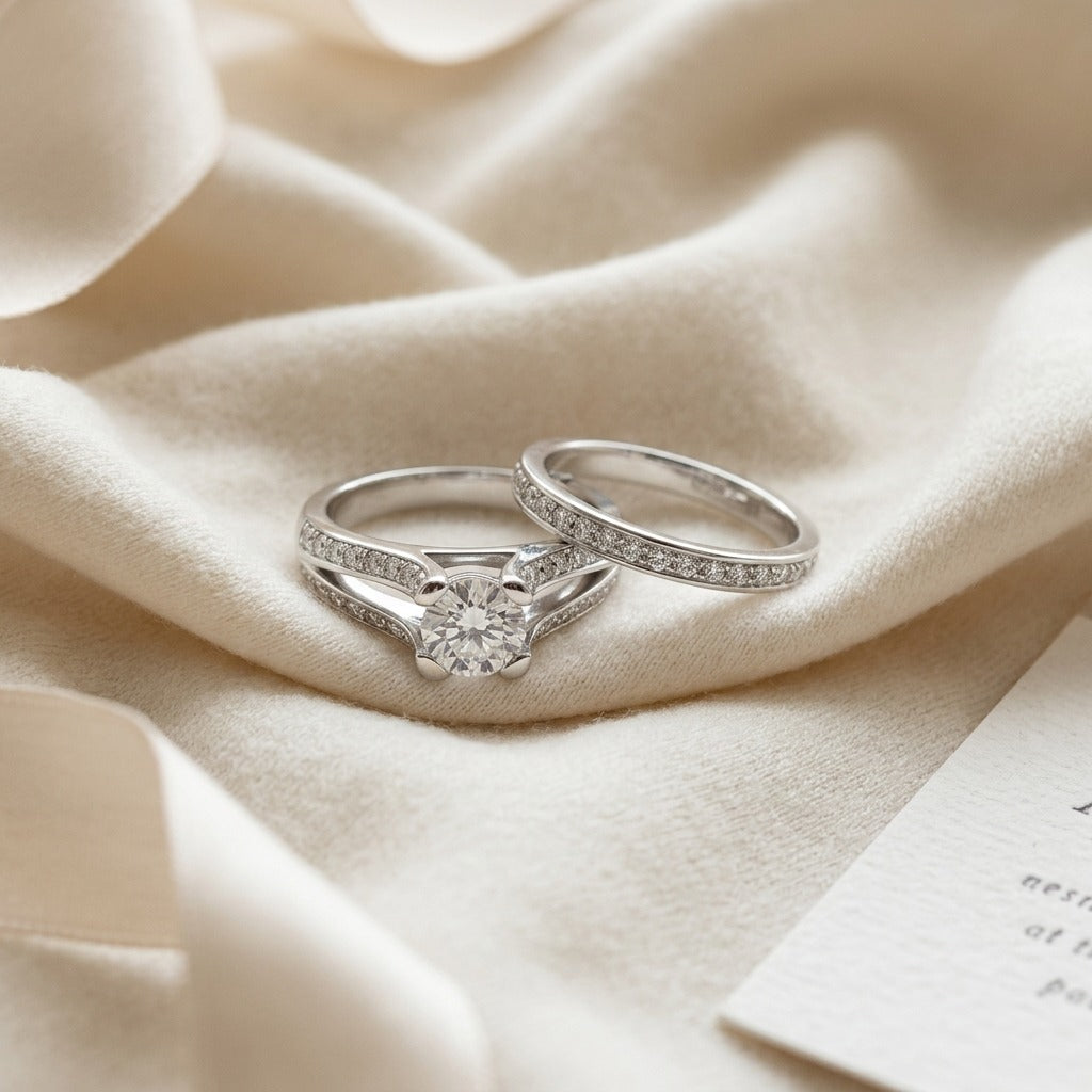 Pave Diamond Wedding Set Semi Mount with 5.5mm Round Cubic Zirconia Center in 14k White Gold — textile flat lay