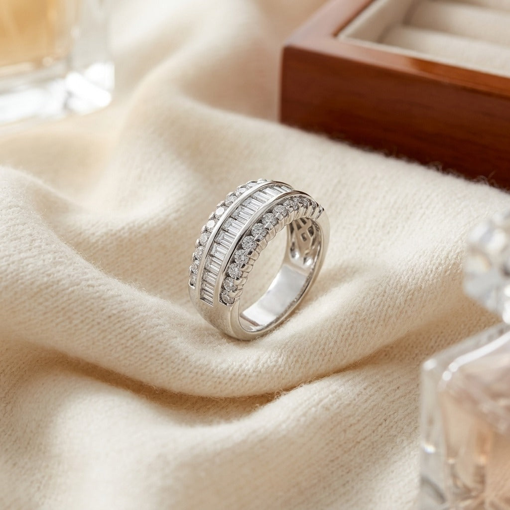 Diamond Baguette Channel And Round Prong Band In 14k White Gold — textile flat lay