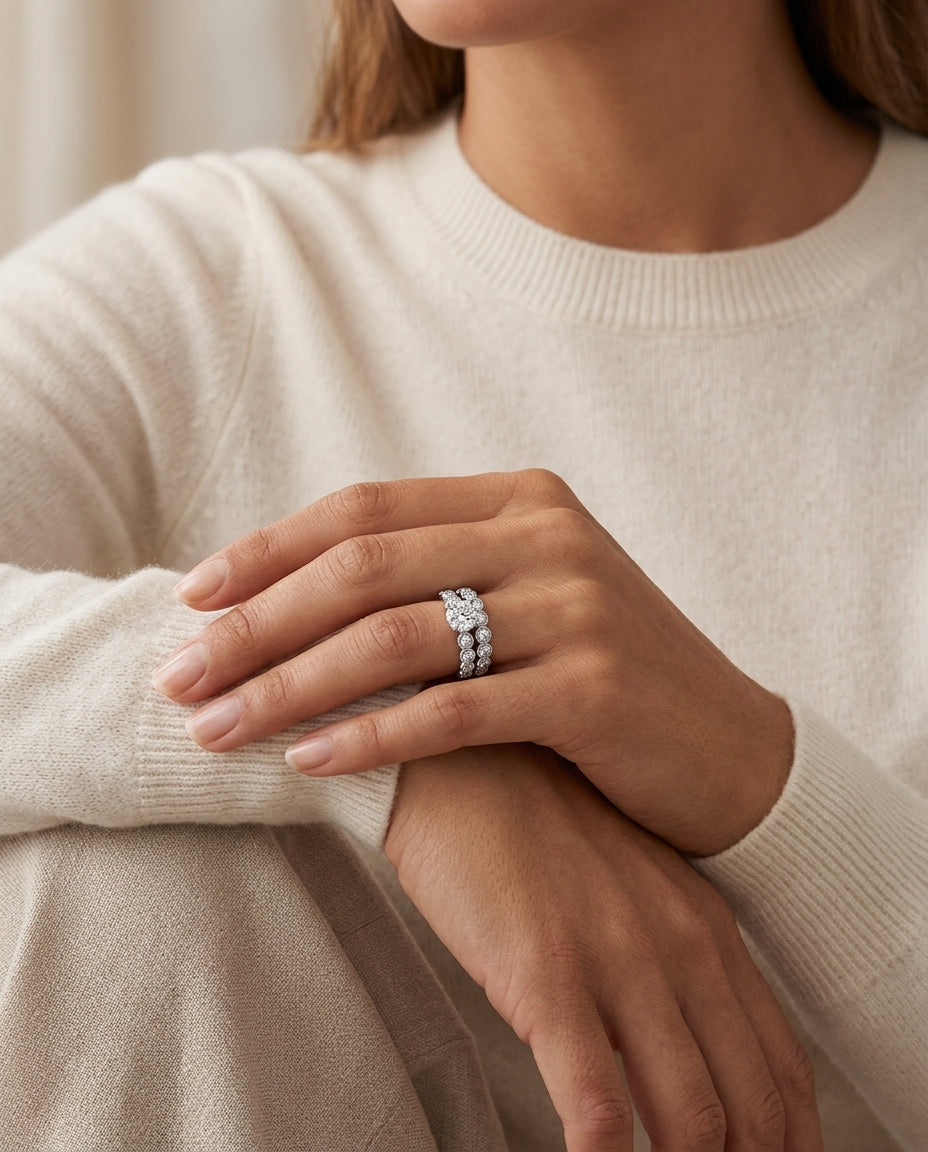 Diamond Wedding Set Semi Mount With 1/2 Ct Round Head In 14k White Gold — editorial close-up