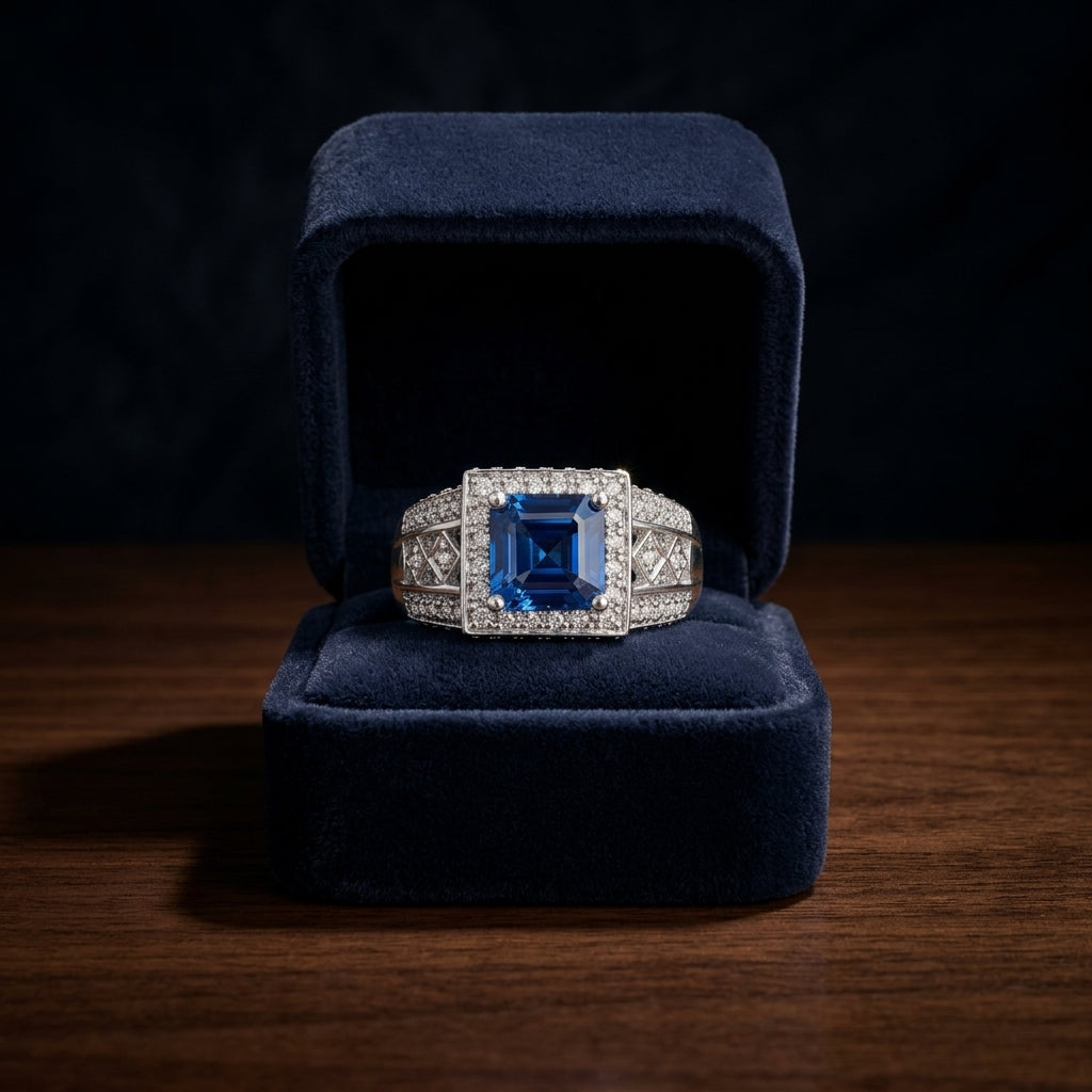 Sapphire And Diamond Square Halo Ring In 14k White Gold (3/8 Ct.tw.) — gift presentation