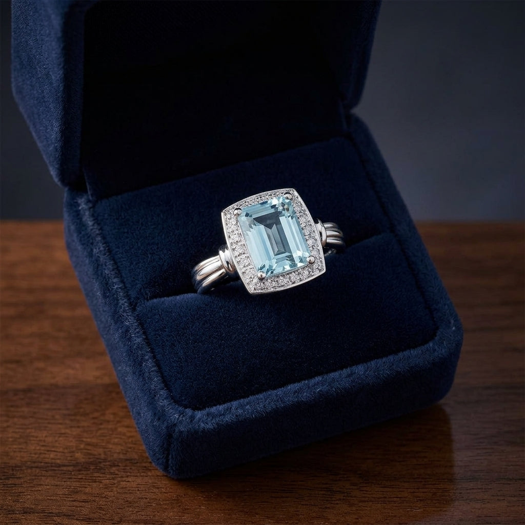 Aquamarine & Diamond Emerald Cut Halo In 14k White Gold — gift presentation
