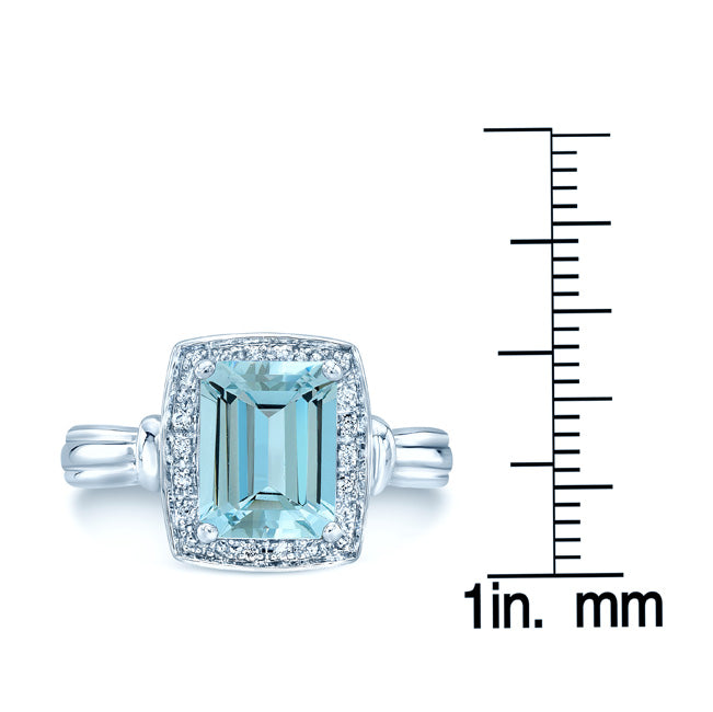 Aquamarine And Diamond Emerald Cut Halo Ring In 14k White Gold (size 6.0)