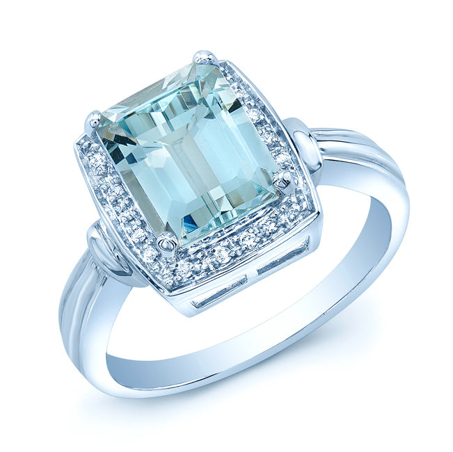 Aquamarine And Diamond Emerald Cut Halo Ring In 14k White Gold (size 6.0)