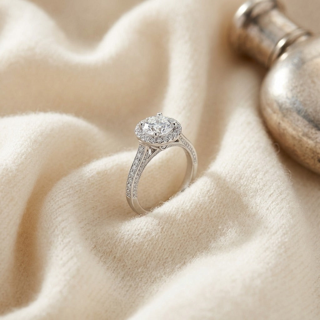 Preset Diamond Halo Engagement Ring In 14k White Gold (1.01 Gia Ctr) — textile flat lay