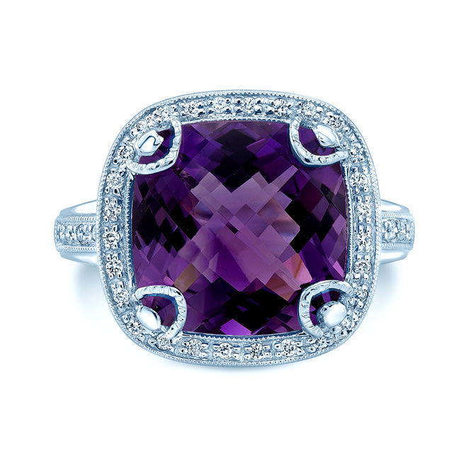 Amethyst And Diamond Ring In 14k White Gold
