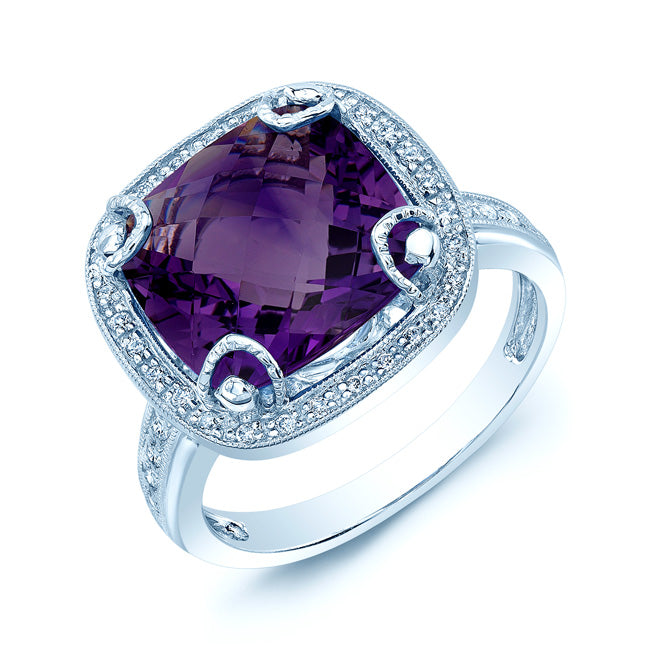 Amethyst And Diamond Ring In 14k White Gold