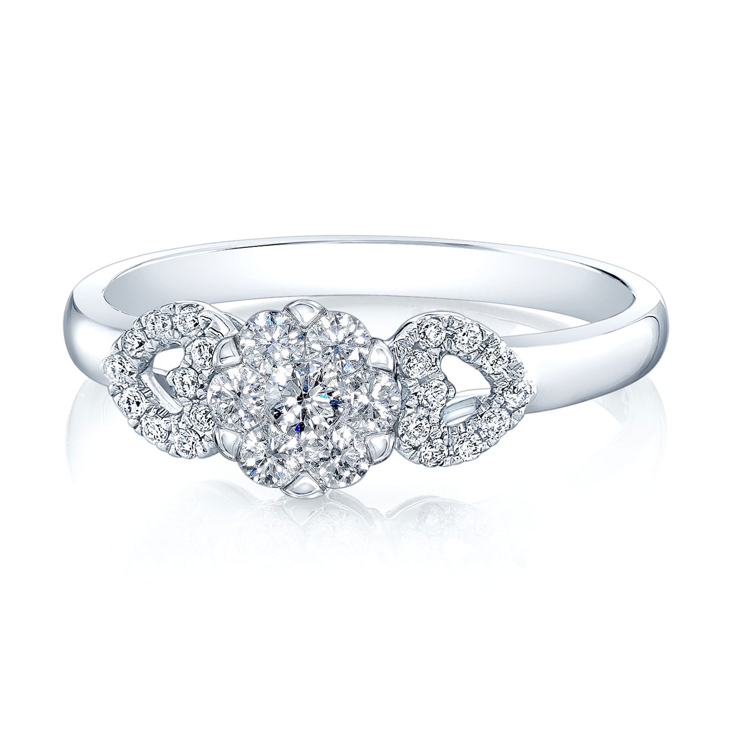 Diamond Cluster Ring With Heart-shape Shoulders In 14k White Gold