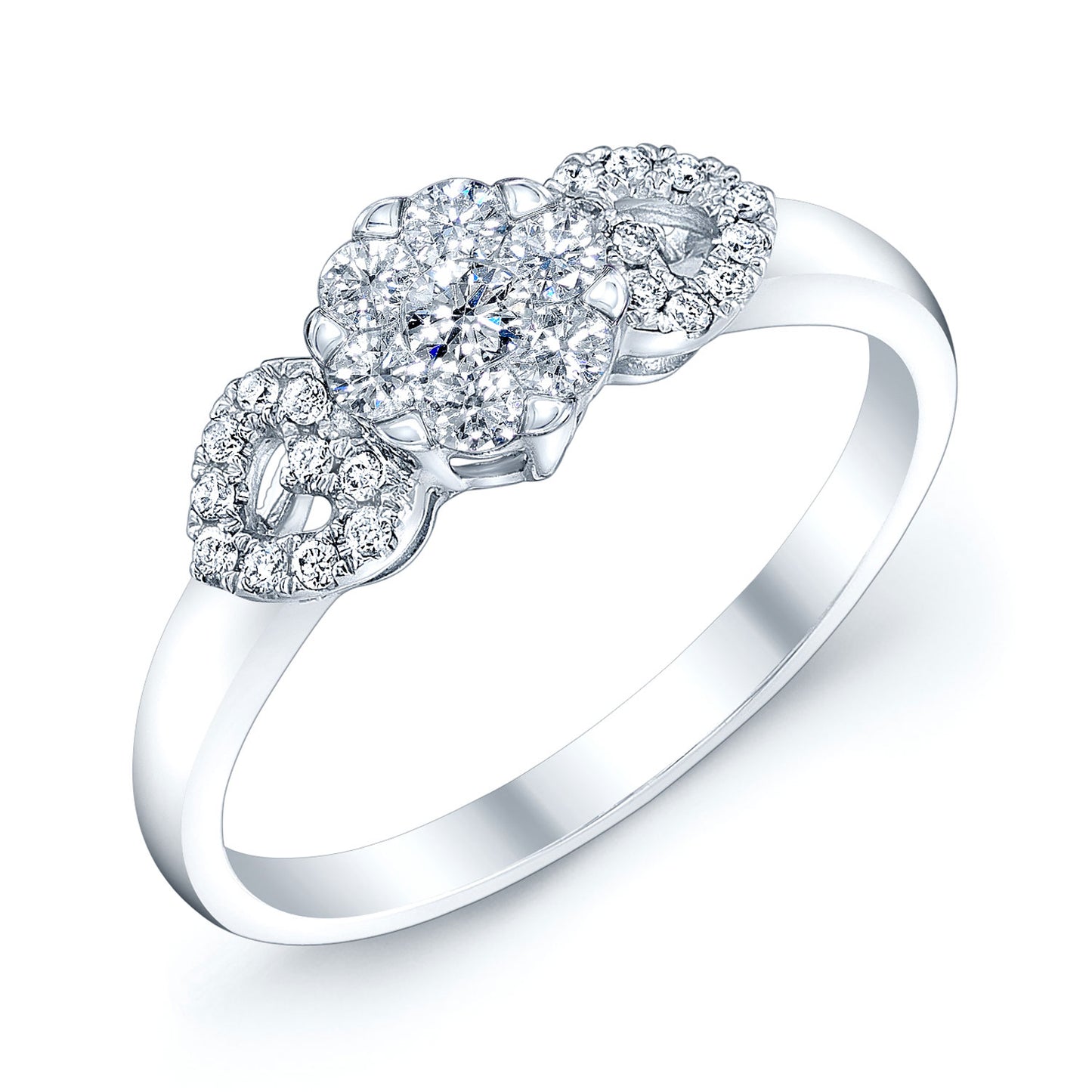 Diamond Cluster Ring With Heart-shape Shoulders In 14k White Gold