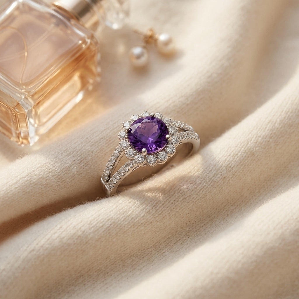 Amethyst And Diamond Split Shank Floral Ring In 14k White Gold — textile flat lay