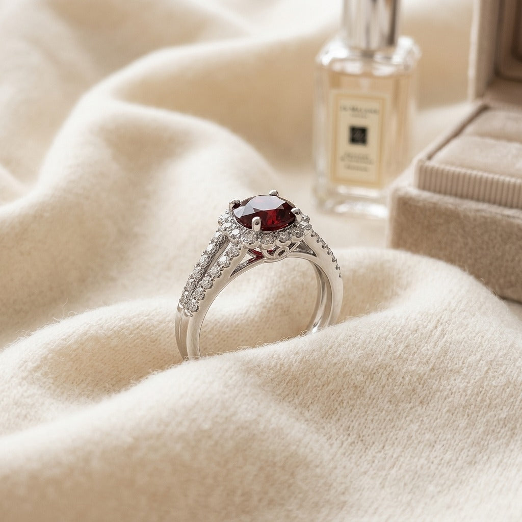 Ruby and Diamond Split Shank Flower Ring in 14k White Gold — textile flat lay