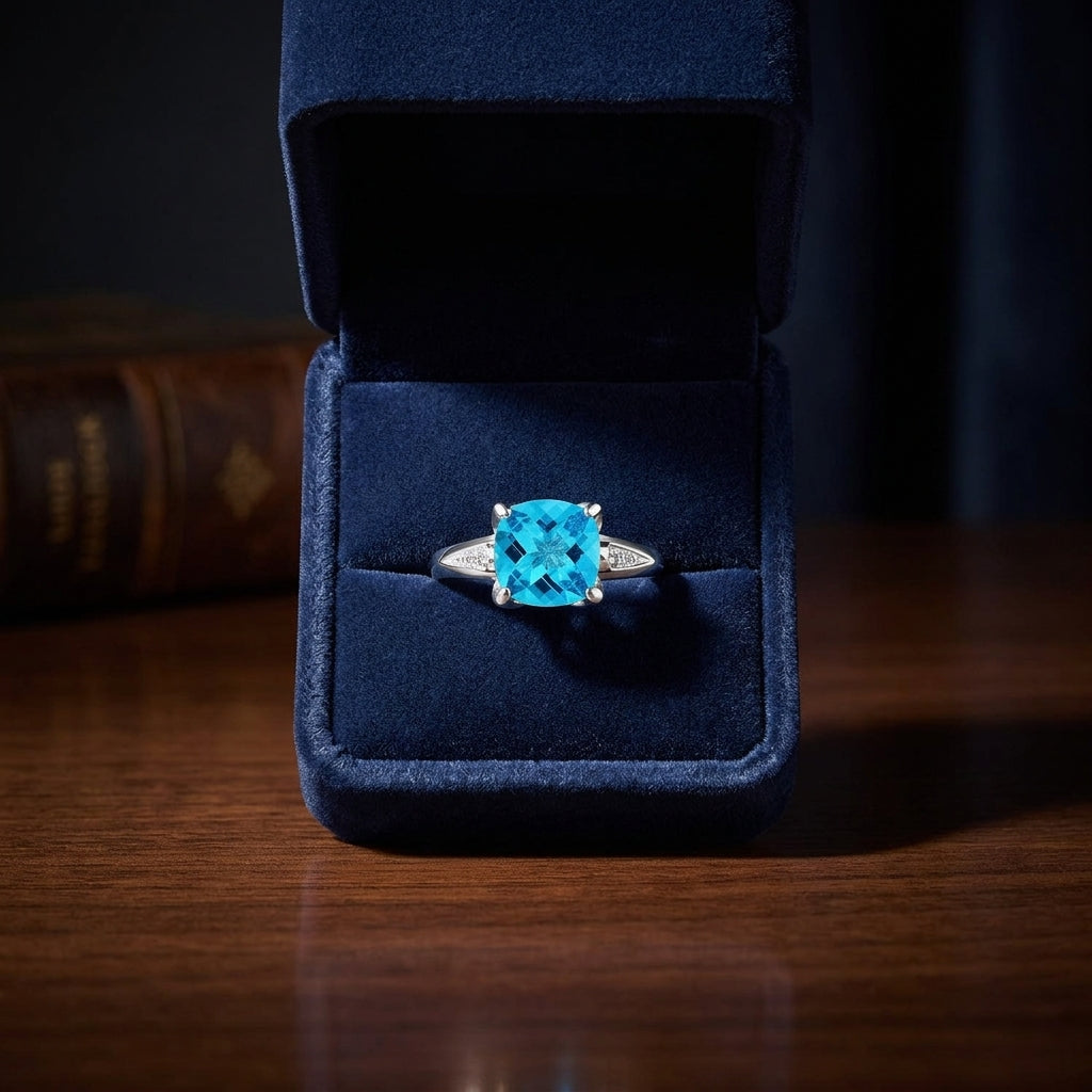 Blue Topaz Floral Ring With Diamond Accents In 14k White Gold — gift presentation