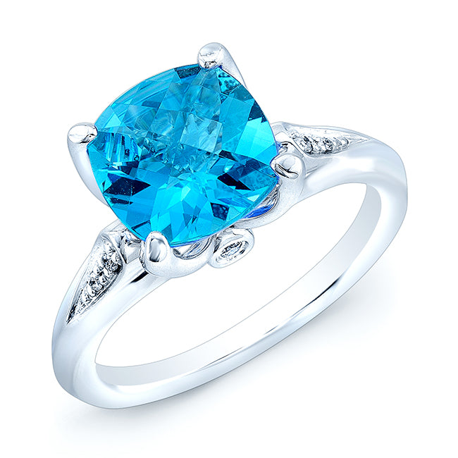 Blue Topaz Floral Ring With Diamond Accents In 14k White Gold