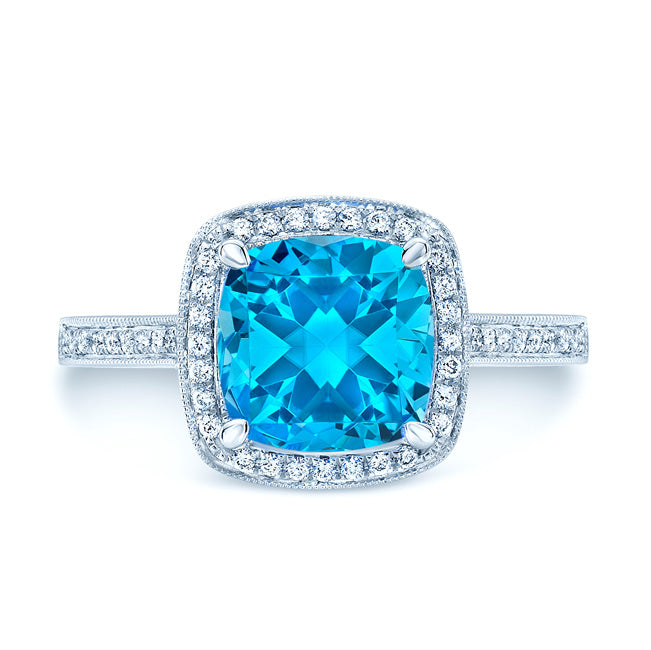 Swiss Blue Topaz Cushion And Diamond Halo Ring In 14k White Gold (1/5 Ct. Tw.)