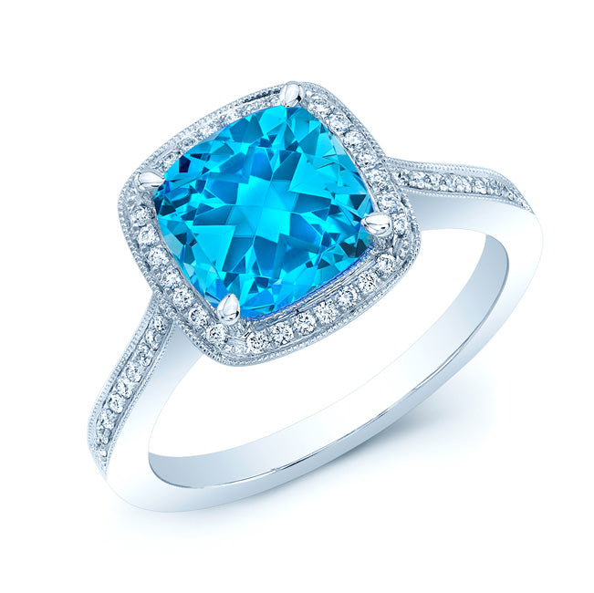 Swiss Blue Topaz Cushion And Diamond Halo Ring In 14k White Gold (1/5 Ct. Tw.)