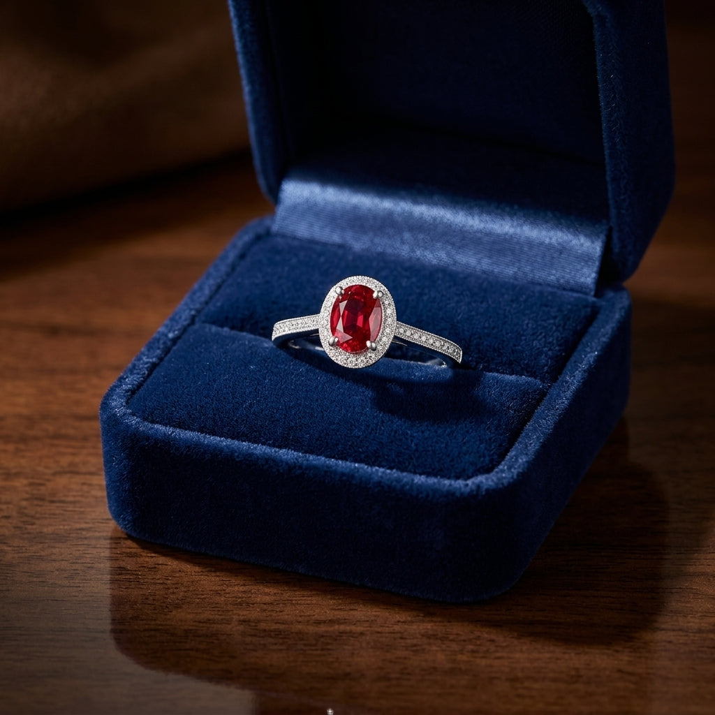 Ruby And Diamond Oval Halo Ring 14k White Gold — gift presentation